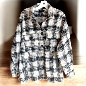 ZARA Textured Ivory Tan & Black Plaid Button Jacket Size Small NWOT